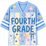 Front view of the light blue ChaoticClub Preppy School Grade Floral Pearl Striped Mesh Jersey, featuring bold dotted "FOURTH GRADE" text on a background of pastel yellow gingham, pink gingham, and floral stripes, decorated with cute flower and star graphics.