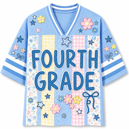 Front view of the light blue ChaoticClub Preppy School Grade Floral Pearl Striped Mesh Jersey, featuring bold dotted "FOURTH GRADE" text on a background of pastel yellow gingham, pink gingham, and floral stripes, decorated with cute flower and star graphics.