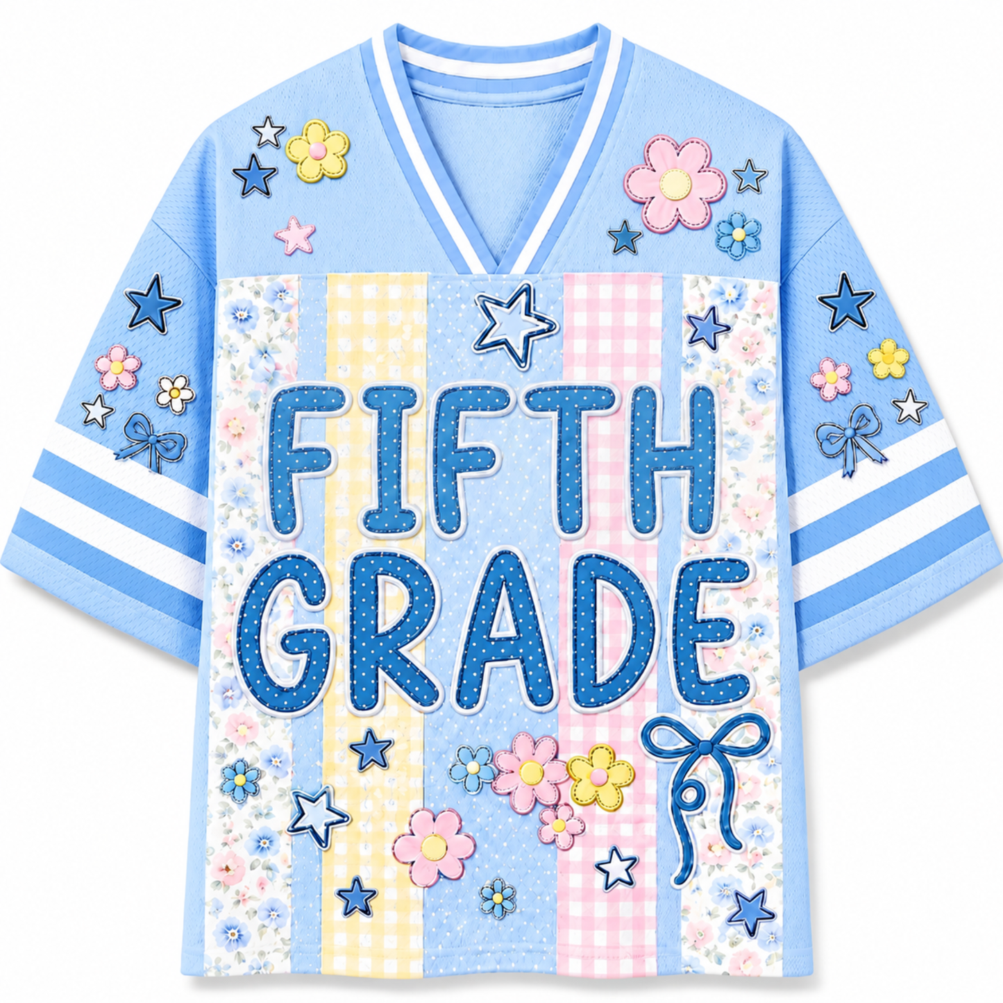 Front view of the light blue ChaoticClub Preppy School Grade Floral Pearl Striped Mesh Jersey, featuring bold dotted "FIFTH GRADE" text on a background of pastel yellow gingham, pink gingham, and floral stripes, decorated with cute flower and star graphics.