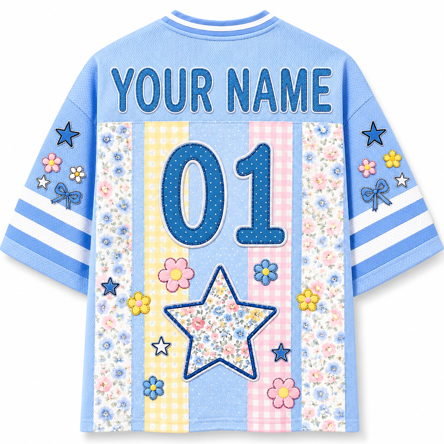 Back view of the ChaoticClub Preppy School Grade Floral Pearl Striped Mesh Jersey, displaying customizable "YOUR NAME" text above a large blue dotted number "01" and a large star filled with floral patterns on a pastel striped background.