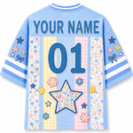 Back view of the ChaoticClub Preppy School Grade Floral Pearl Striped Mesh Jersey, displaying customizable "YOUR NAME" text above a large blue dotted number "01" and a large star filled with floral patterns on a pastel striped background.