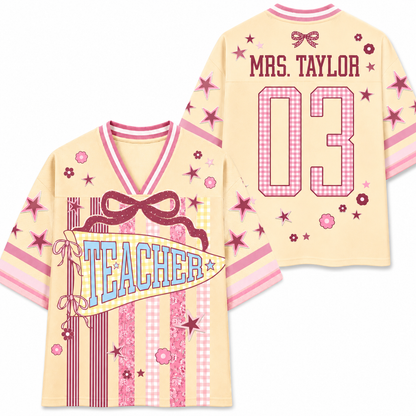 Show your school spirit with the ChaoticClub Preppy School Staff Custom Mesh Jersey. Perfect for Educators, Counselors, Nurses, Paras, and Principals. Crafted from premium breathable mesh fabric, this unisex sports jersey features trendy patchwork stripes, aesthetic bows, and varsity stars. Fully customizable with your name and number on the back!