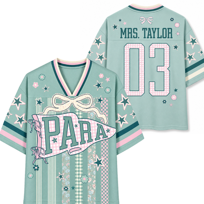 Show your school spirit with the ChaoticClub Preppy School Staff Custom Mesh Jersey. Perfect for Educators, Counselors, Nurses, Paras, and Principals. Crafted from premium breathable mesh fabric, this unisex sports jersey features trendy patchwork stripes, aesthetic bows, and varsity stars. Fully customizable with your name and number on the back!