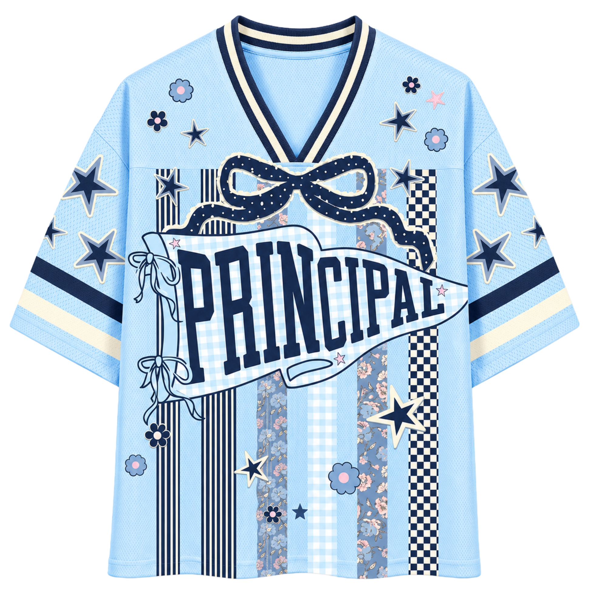 Light blue shirt with 'PRINCIPAL' design on a white background