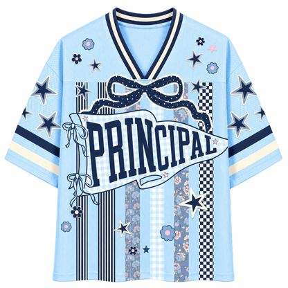 Light blue shirt with 'PRINCIPAL' design on a white background