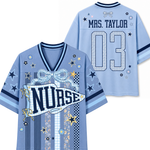 Two blue nurse jerseys with decorative elements and text on a white background