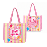 ChaoticClub Preppy Teacher Apple Pink Gingham Stripes Tote Bag front view featuring a colorful retro apple graphic on a pastel pink checkered background.