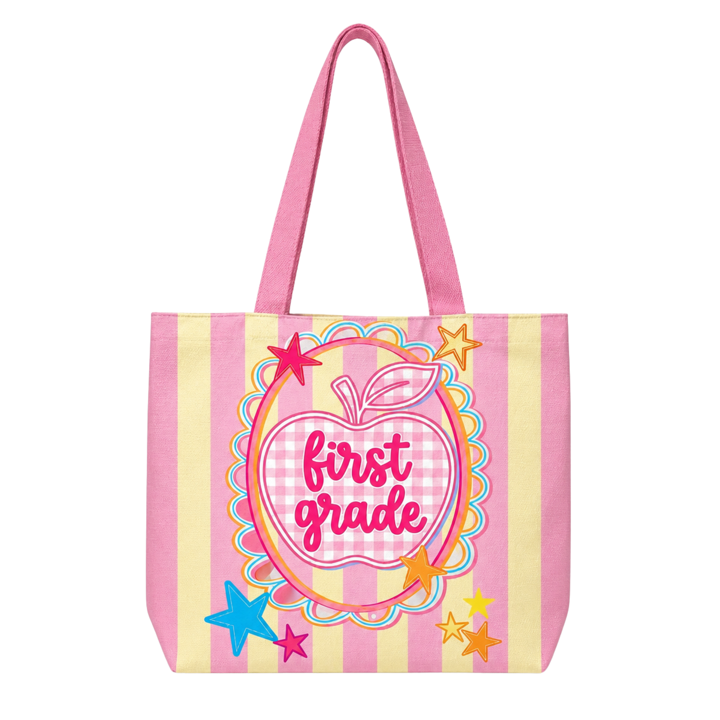 Tote bag with 'first grade' design on a white background