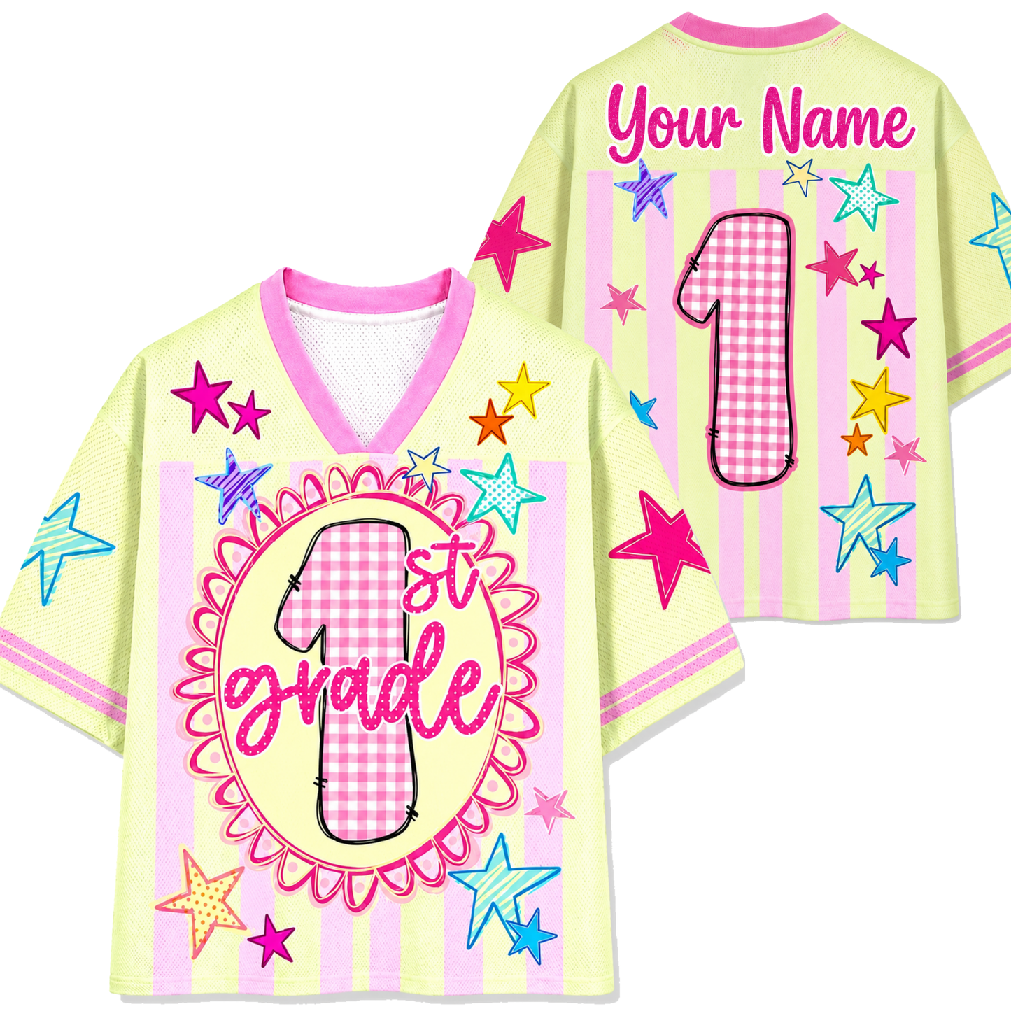 Children's shirt with '1st grade' design and space for personalization on a light yellow background.