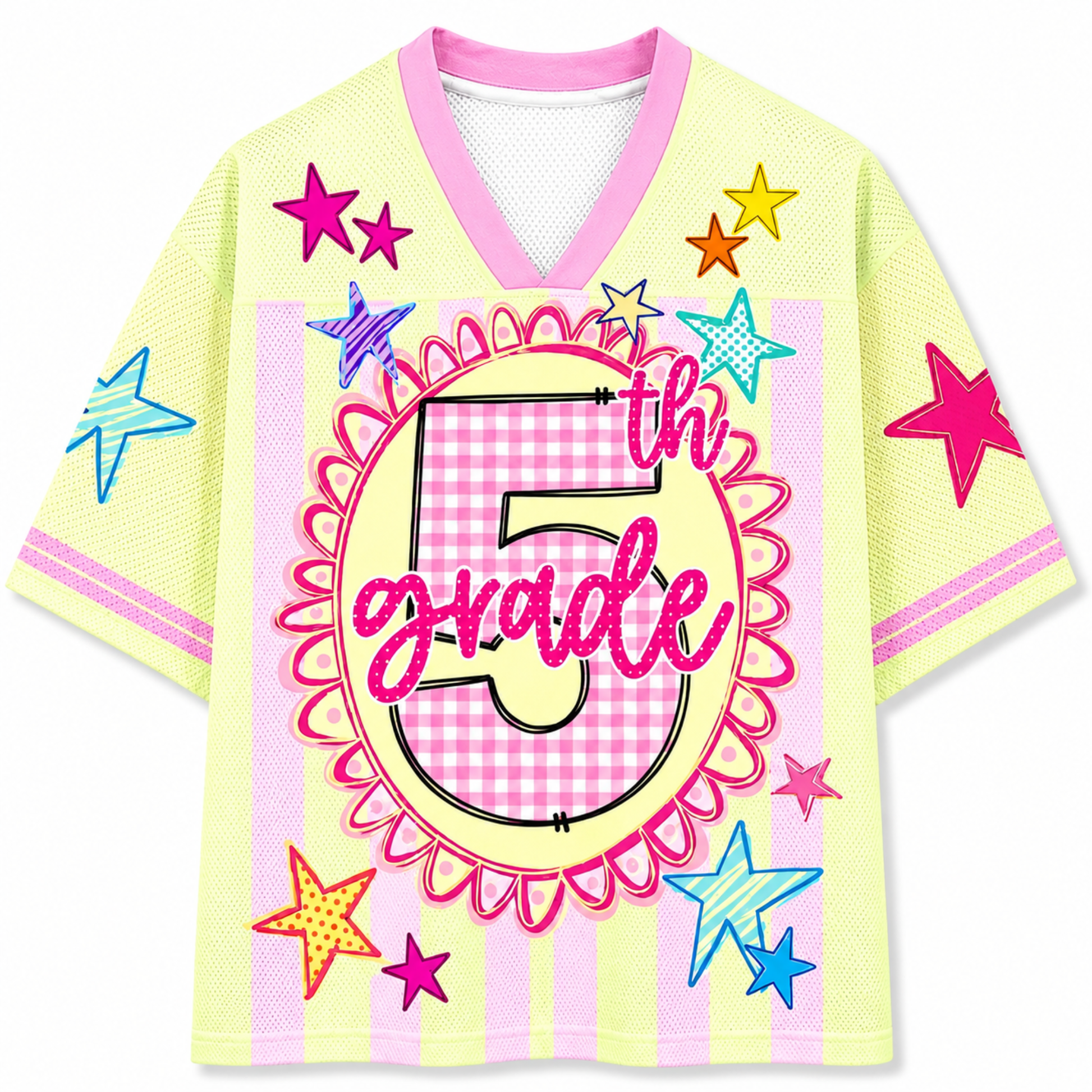Colorful '5th Grade' jersey with stars on a white background