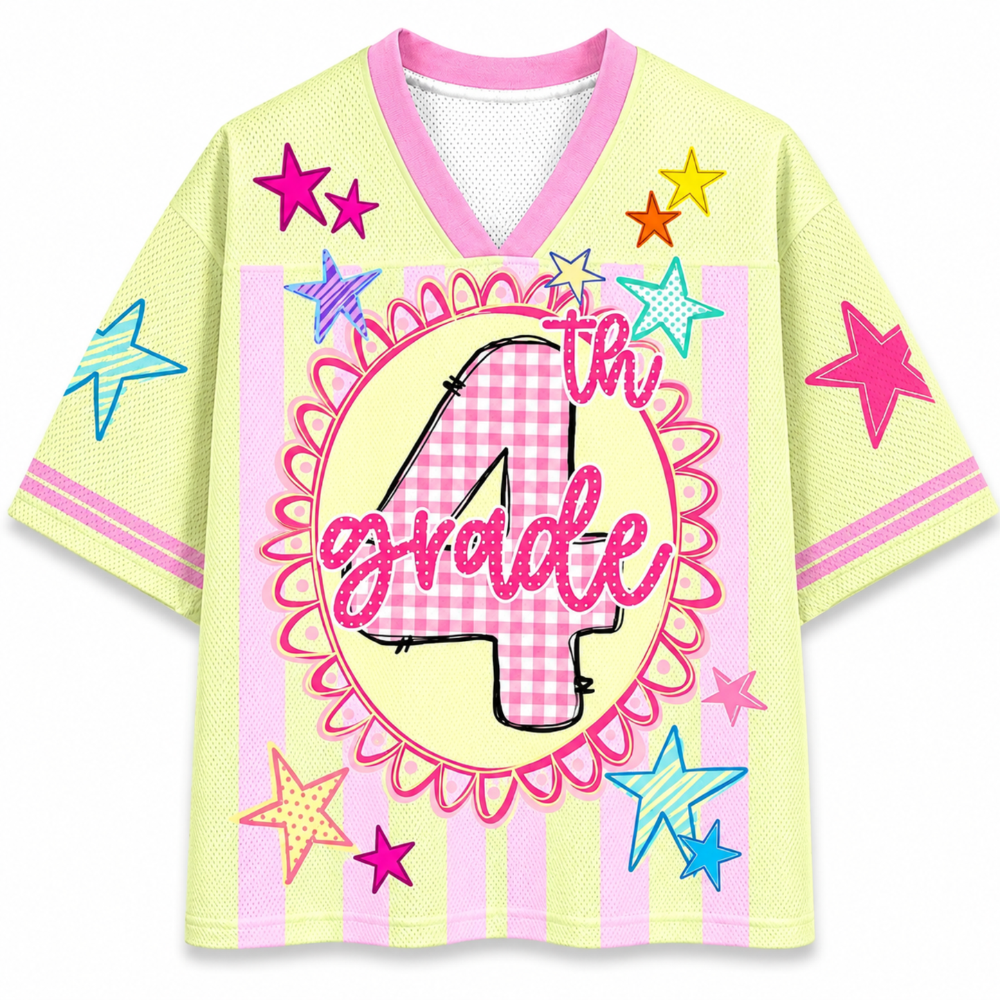 Children's sports jersey with '4th Grade' design on a yellow background