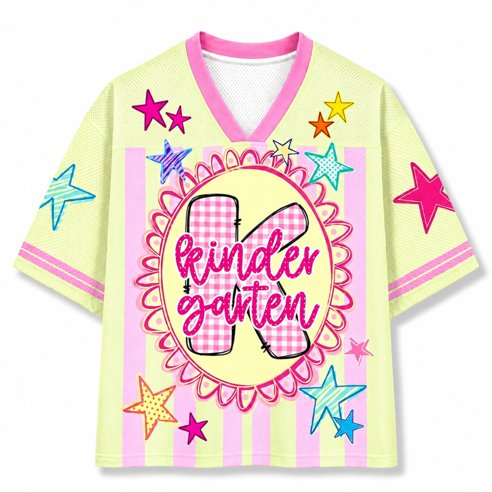 Colorful 'Kindergarten' shirt with stars on a white background