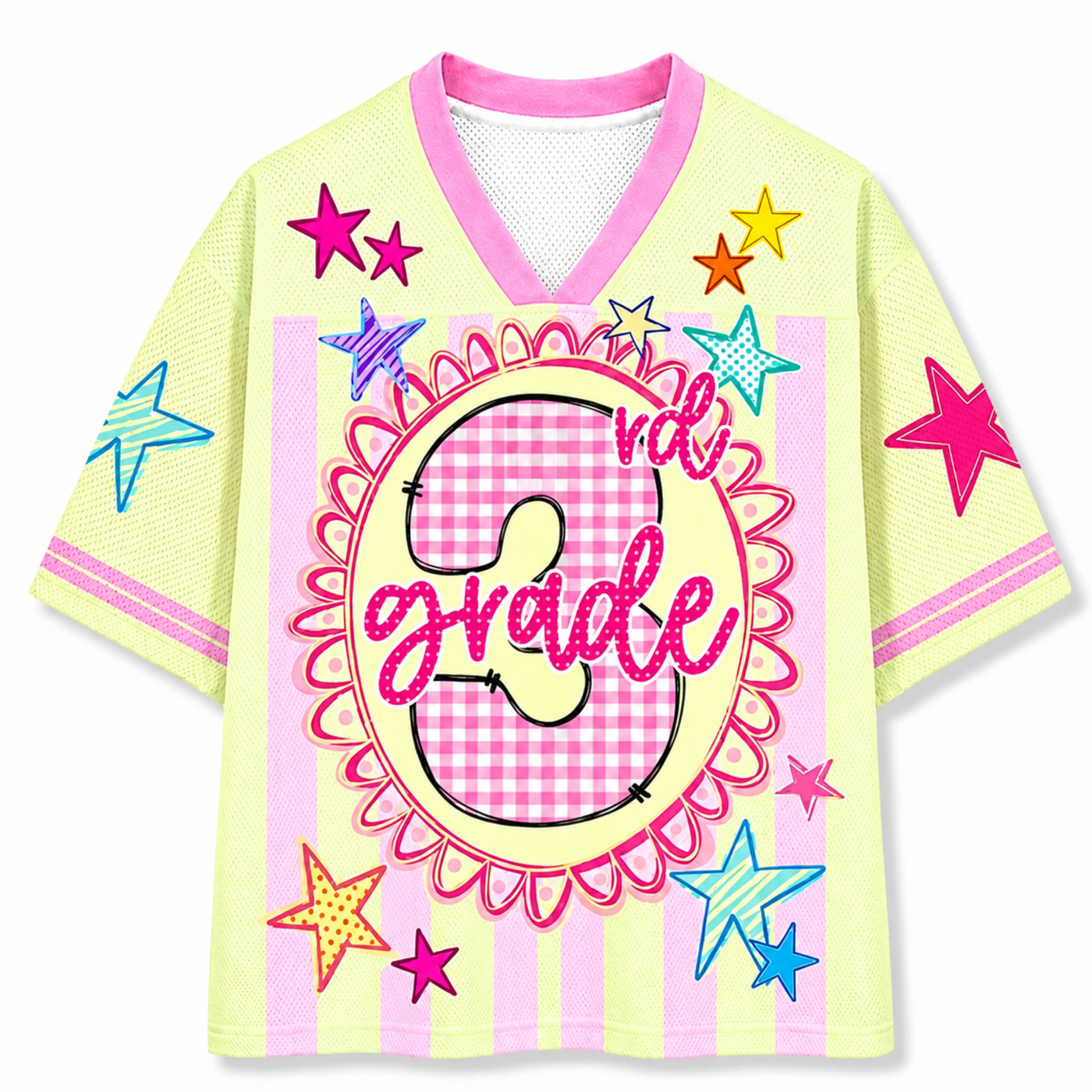 Colorful '3rd Grade' jersey with stars on a white background