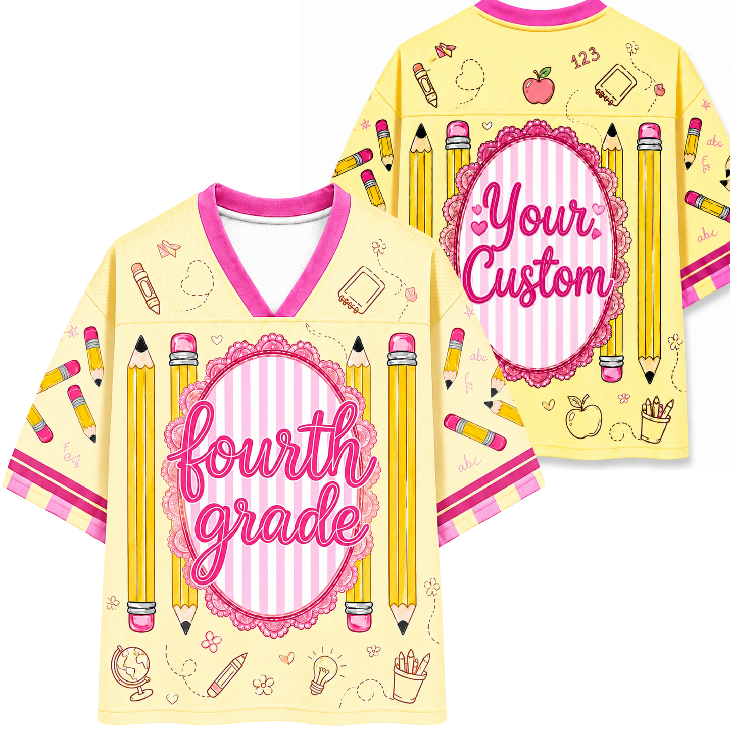 ChaoticClub Striped Preppy Teacher Mesh Jersey front view featuring “Fourth Grade” text with pencil and school supply illustrations on yellow gingham striped background