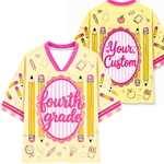 ChaoticClub Striped Preppy Teacher Mesh Jersey front view featuring “Fourth Grade” text with pencil and school supply illustrations on yellow gingham striped background