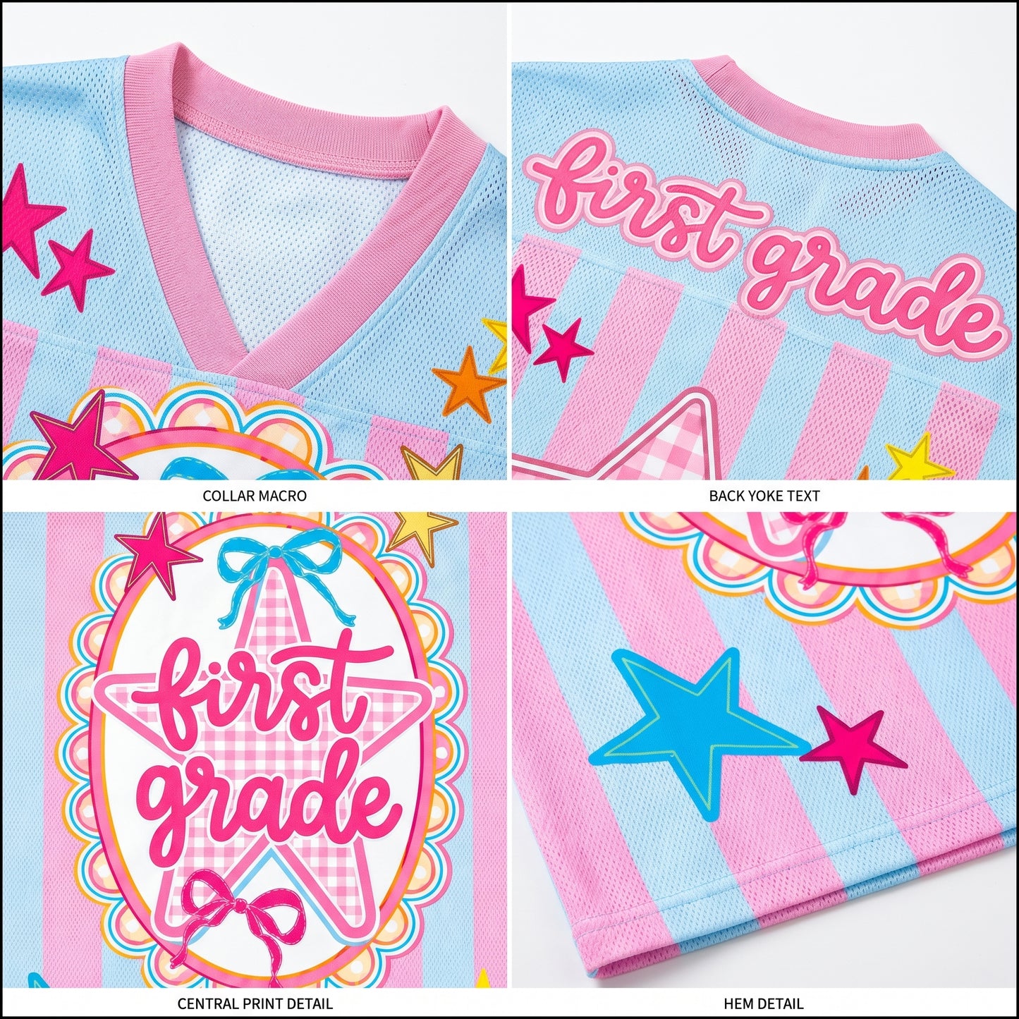 ChaoticClub mesh jersey close up showing breathable Bird’s Eye Pique fabric, pastel pink and blue gingham stripes, and high quality print detail
