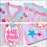 ChaoticClub mesh jersey close up showing breathable Bird’s Eye Pique fabric, pastel pink and blue gingham stripes, and high quality print detail