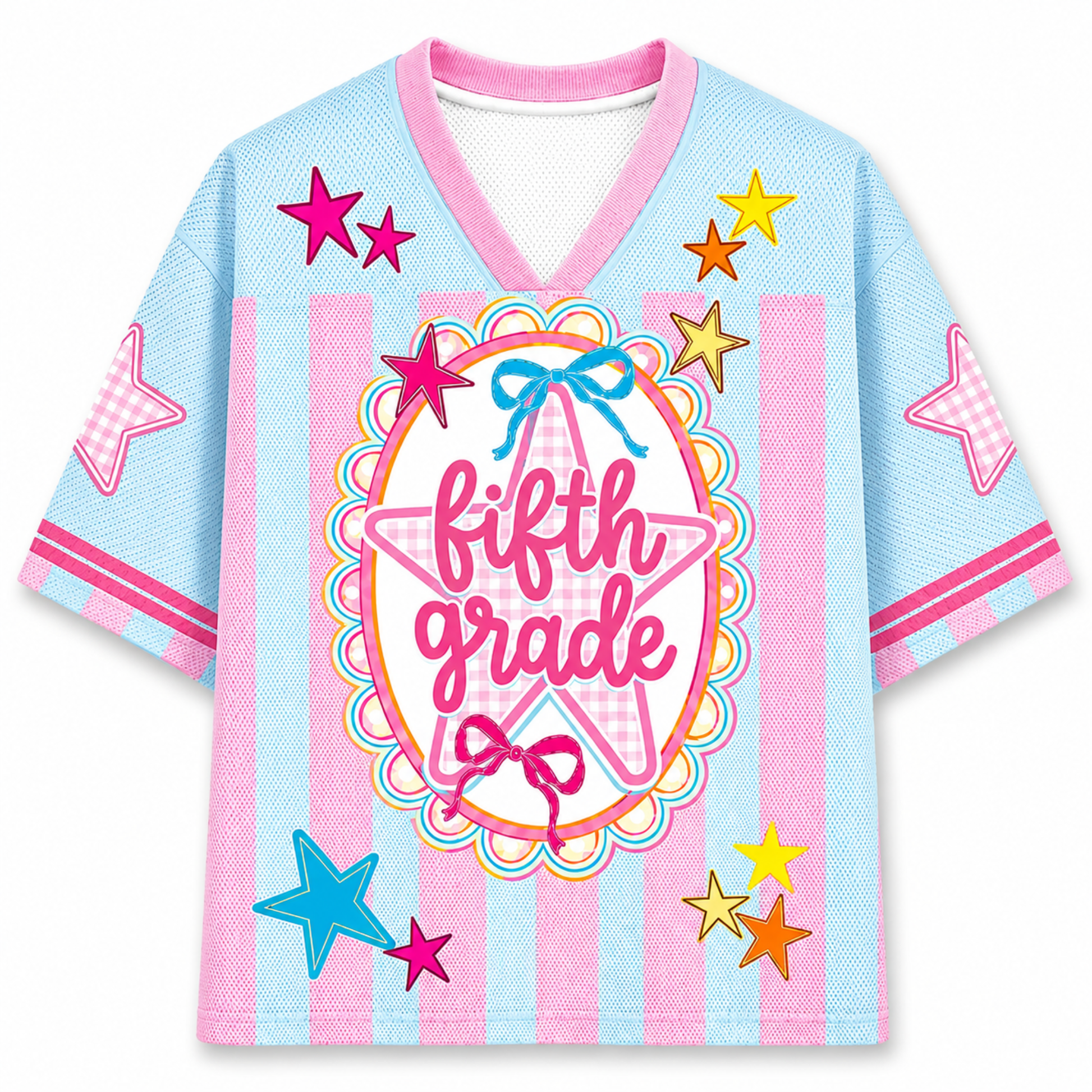 Colorful shirt with 'fifth grade love' text and star designs on a white background