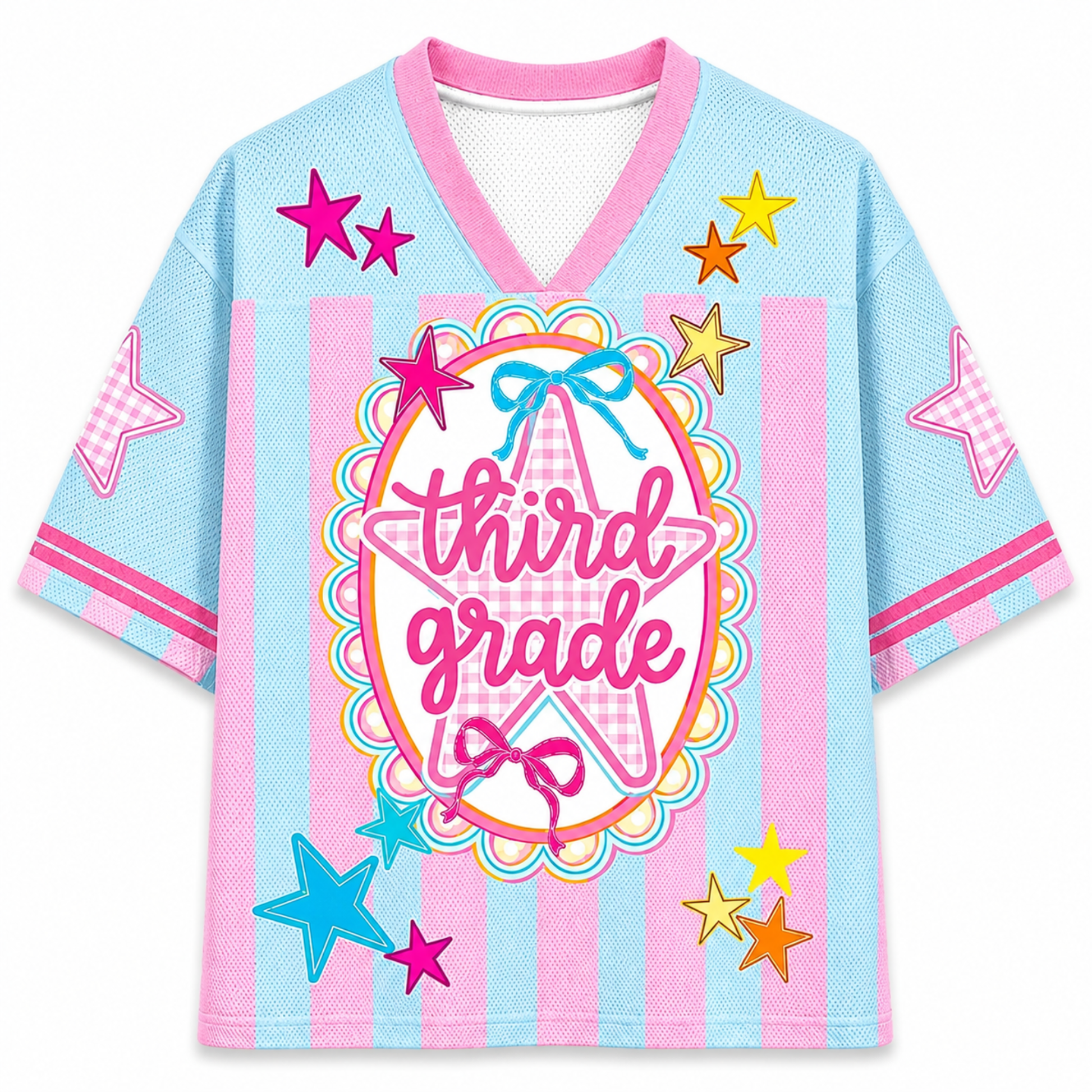 Children's jersey with 'third grade' text and star designs on a light blue background