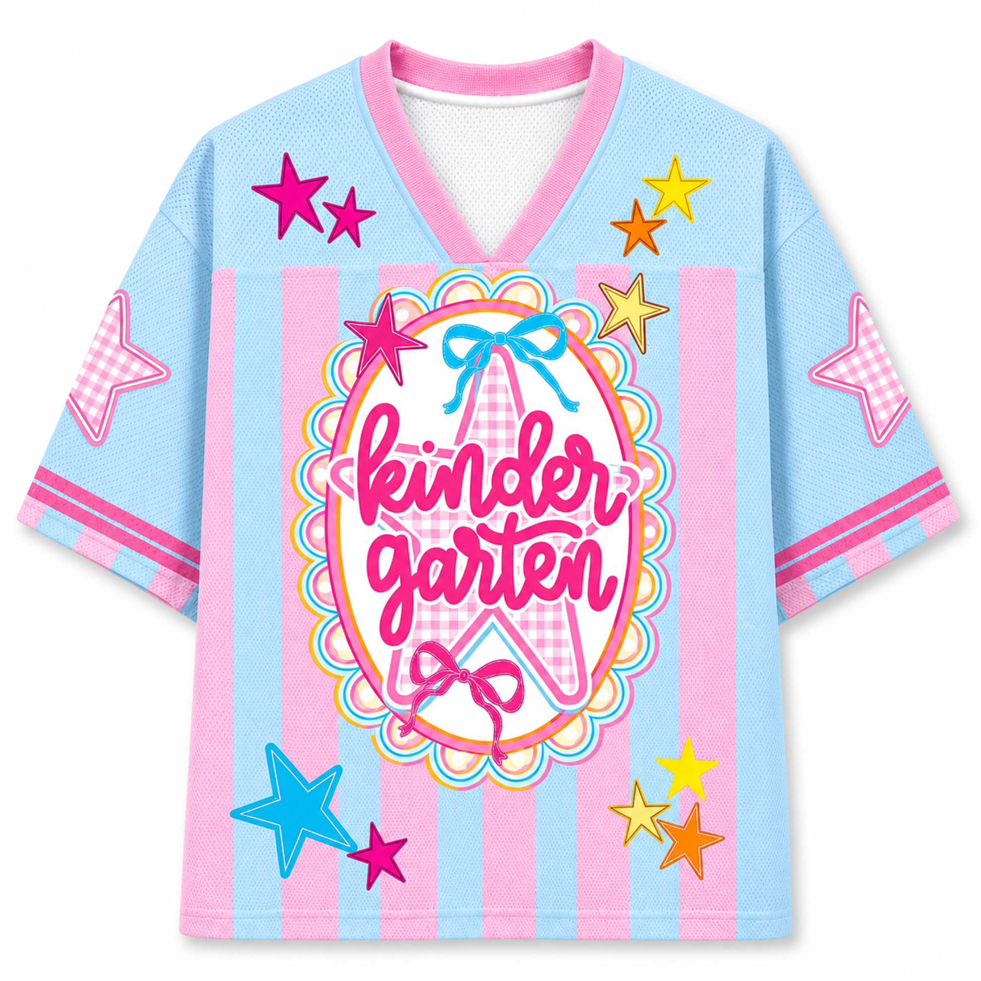 Children's jersey with 'kindergarten' text and colorful stars on a white background