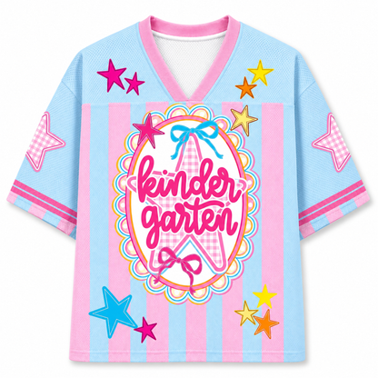 Children's jersey with 'kindergarten' text and colorful stars on a white background