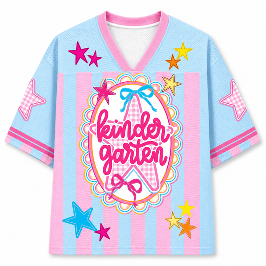 Children's jersey with 'kindergarten' text and colorful stars on a white background