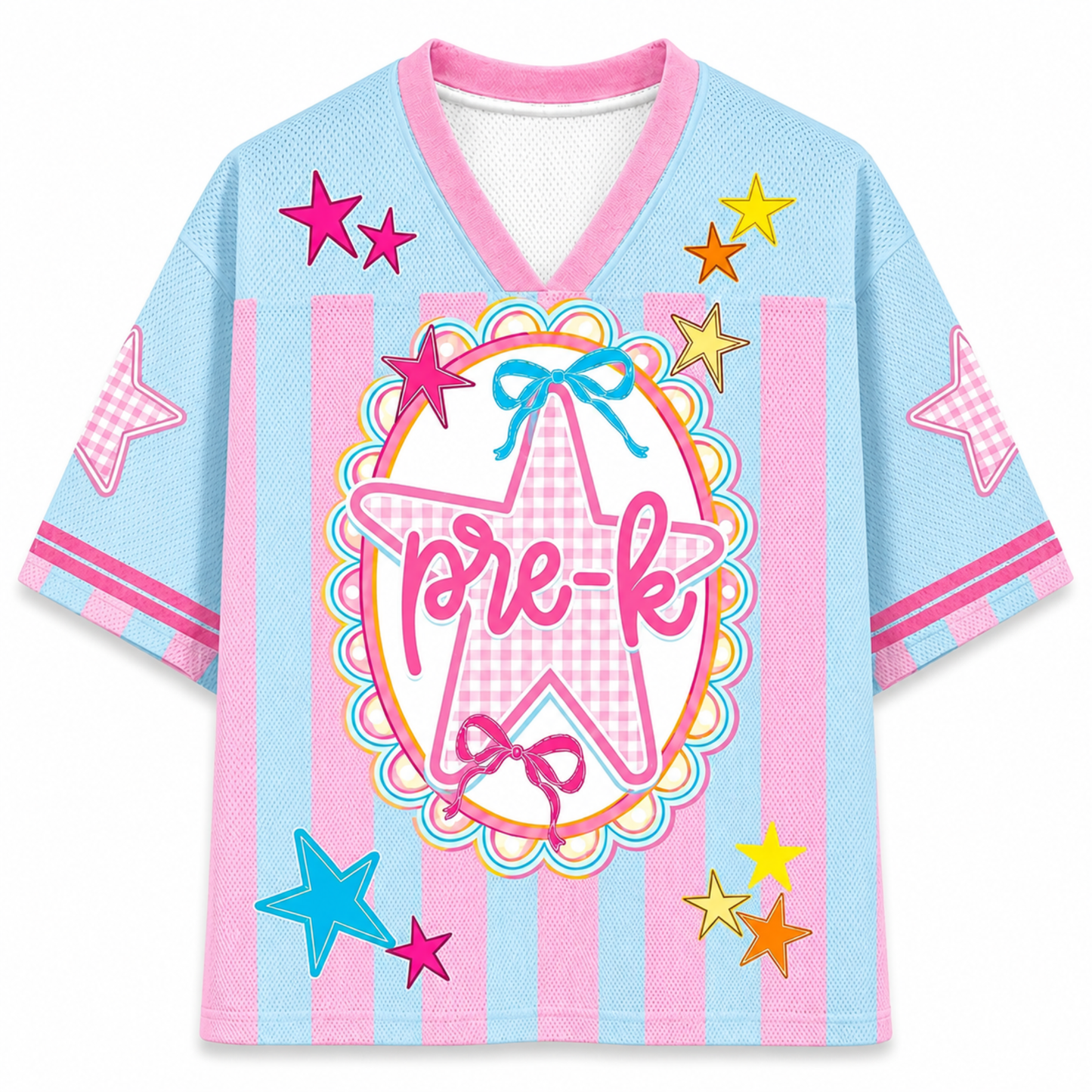 Children's pre-K shirt with colorful stars and a bow design on a light blue background