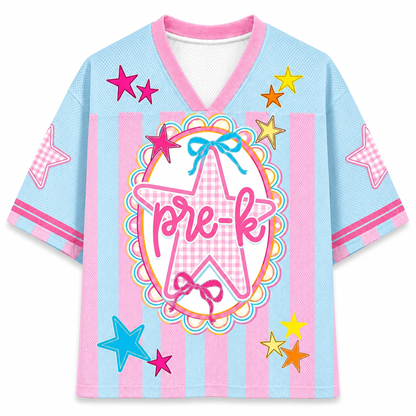 Children's pre-K shirt with colorful stars and a bow design on a light blue background
