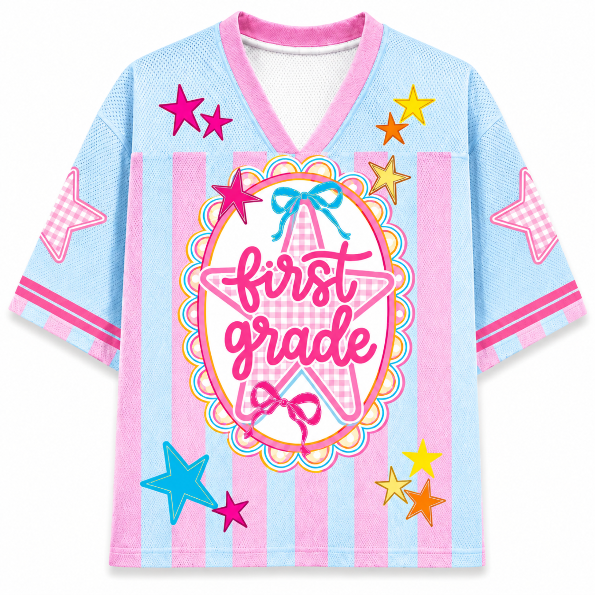 Children's shirt with 'first grade love' text and star designs on a light blue background