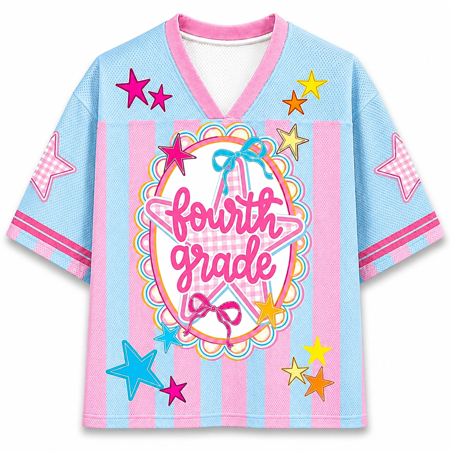 Children's jersey with 'fourth grade' text and colorful stars on a light blue background
