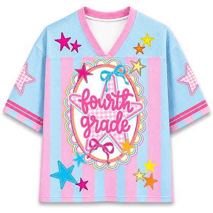 Children's jersey with 'fourth grade' text and colorful stars on a light blue background