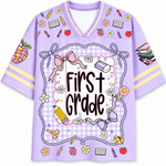 Purple jersey with 'First Grade' text and educational graphics on a white background