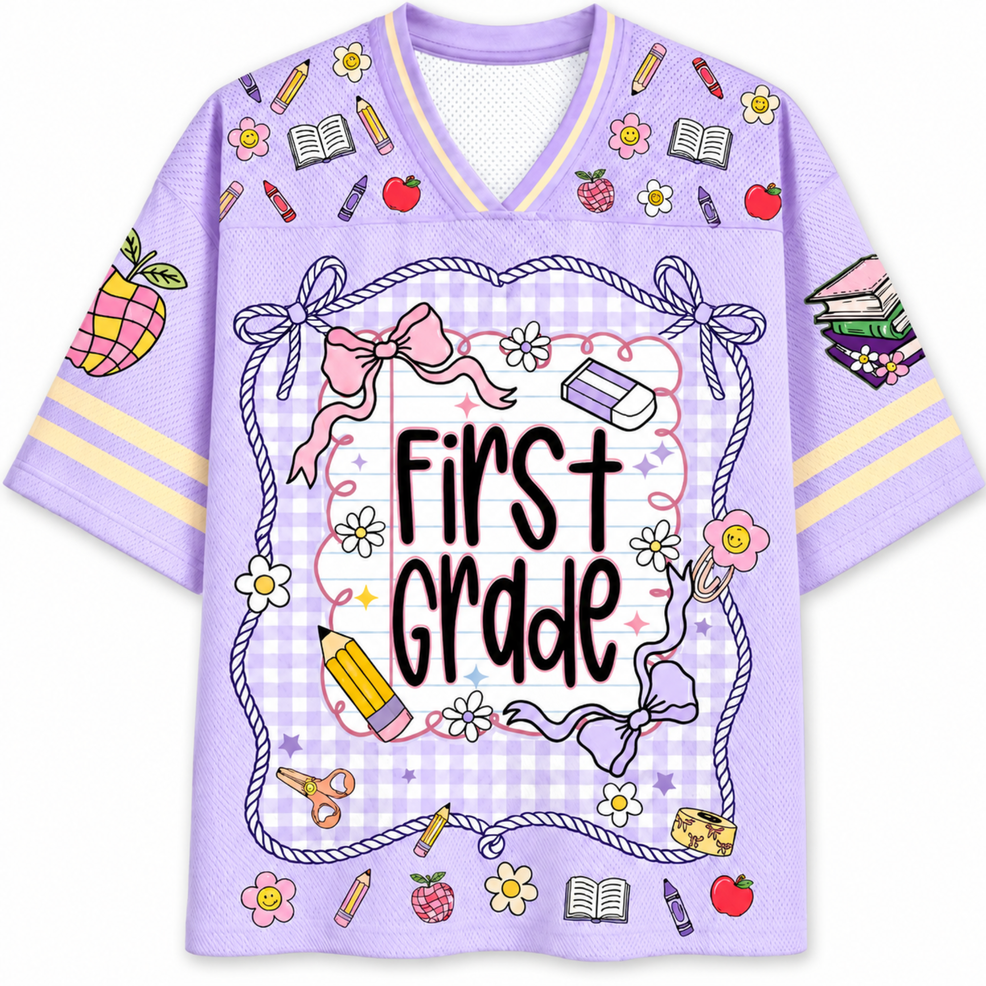 Purple jersey with 'First Grade' text and educational graphics on a white background