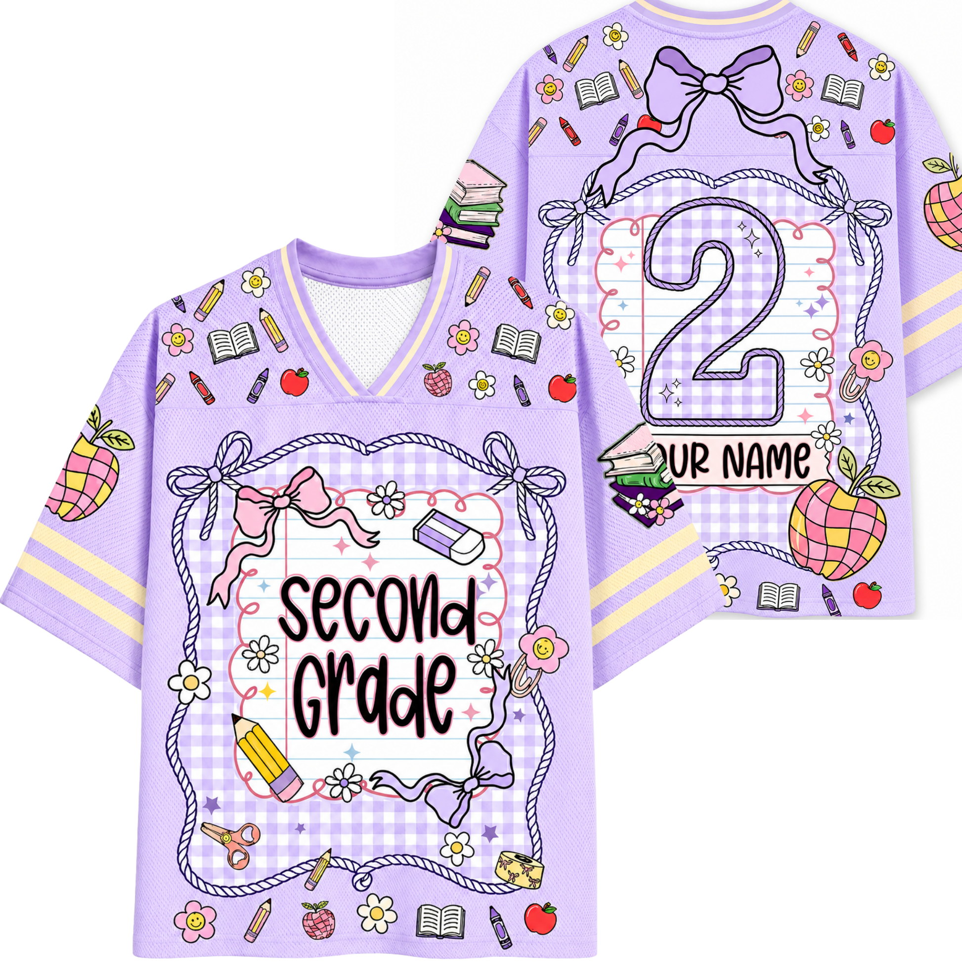 Purple 'Second Grade' shirt with decorative elements on a white background