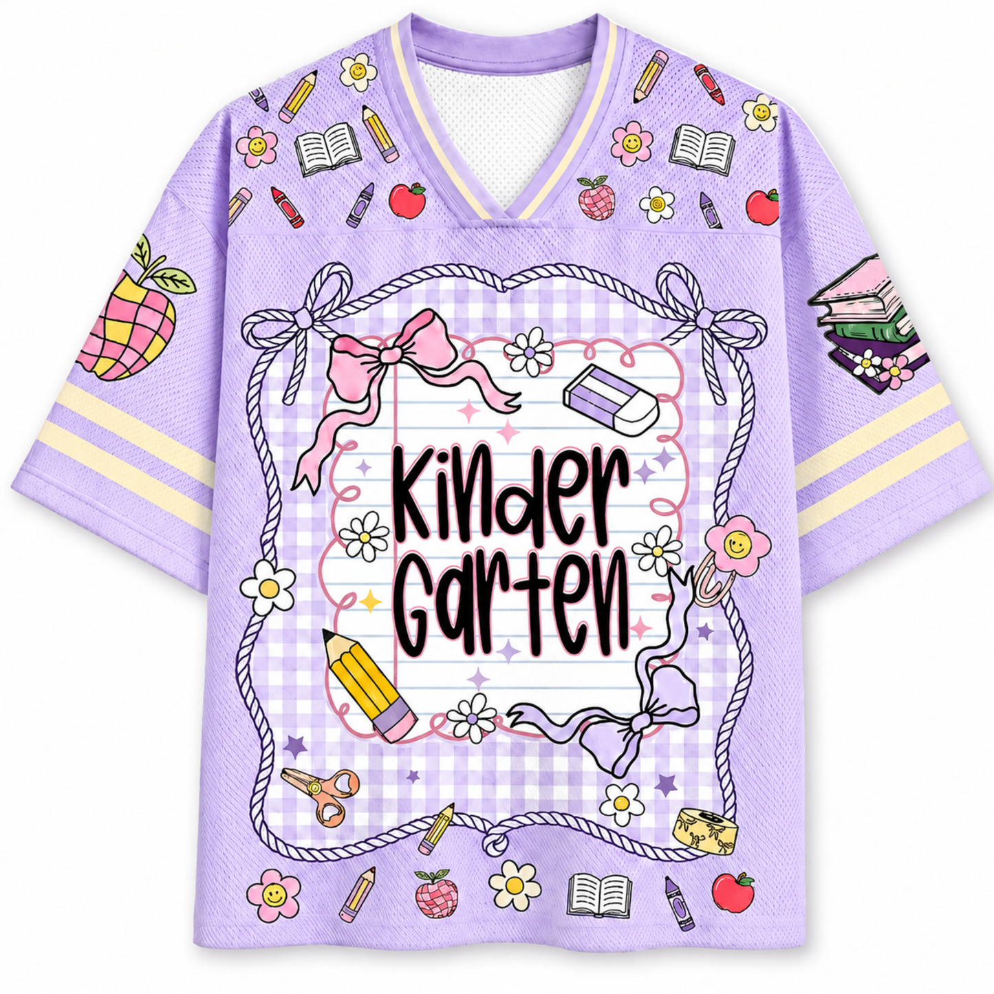 Purple shirt with kindergarten-themed graphics and text on a white background