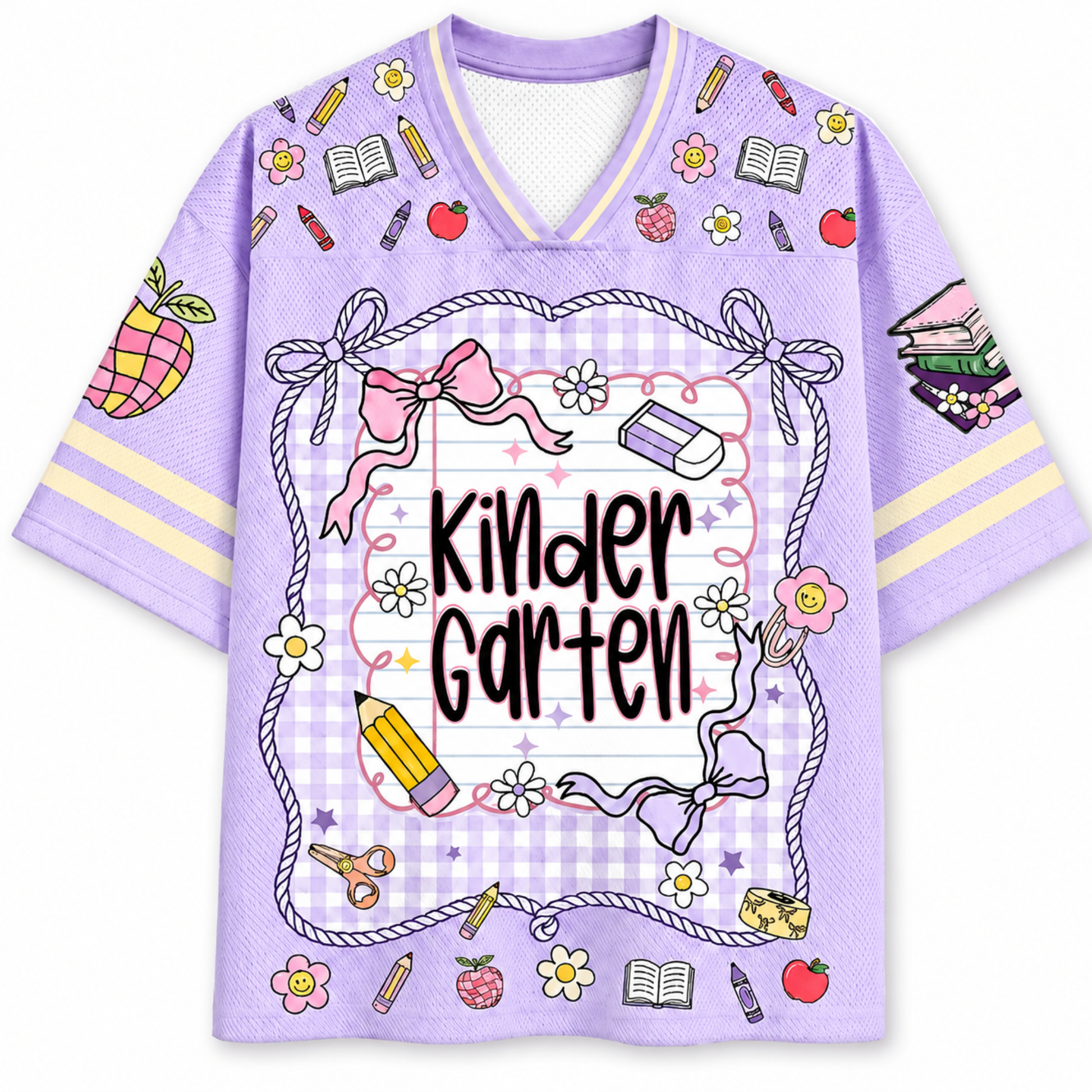 Purple shirt with kindergarten-themed graphics and text on a white background