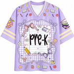 Purple pre-K themed shirt with various school-related illustrations on a white background
