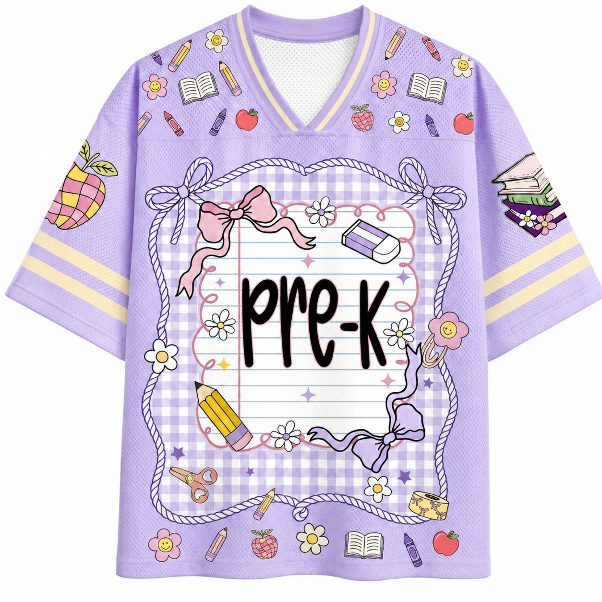 Purple pre-K themed shirt with various school-related illustrations on a white background
