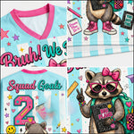 Collage of children's clothing with raccoon illustrations and text.