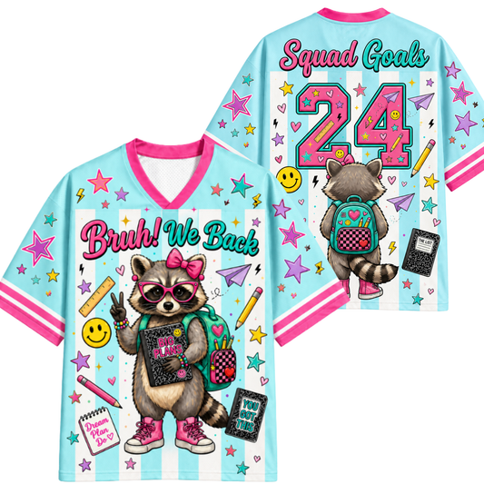 Two colorful t-shirts with raccoon graphics and text on a light blue background.