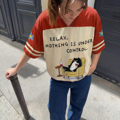 ChaoticClub Relax Nothing Is Under Control Mesh Jersey, vintage athletic oversized jersey on cream and rust red breathable mesh featuring a tuxedo cat lounging in a chair with a glass of wine and "Relax, nothing is under control" funny sarcastic text.