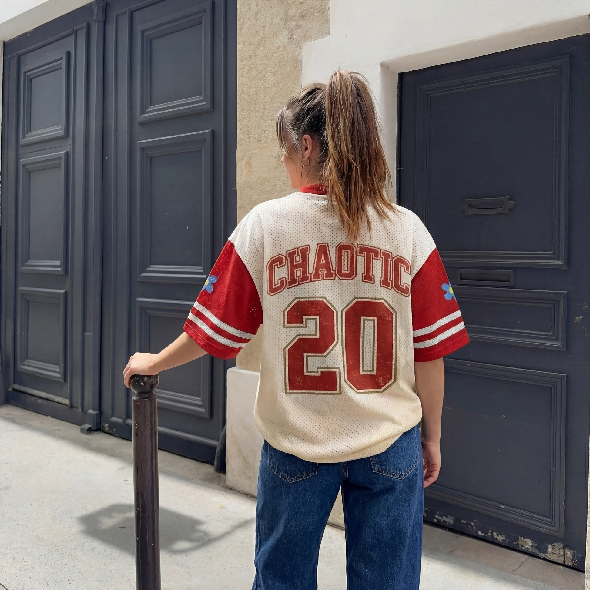 ChaoticClub Relax Nothing Is Under Control Mesh Jersey, vintage athletic oversized jersey on cream and rust red breathable mesh featuring a tuxedo cat lounging in a chair with a glass of wine and "Relax, nothing is under control" funny sarcastic text.