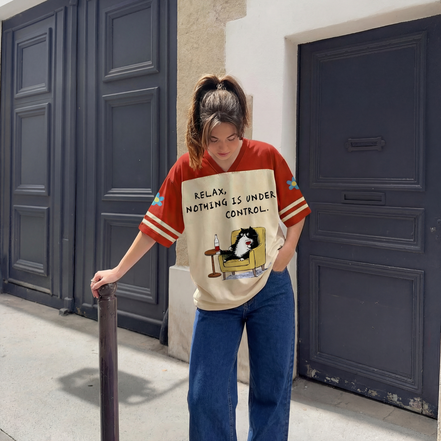 ChaoticClub Relax Nothing Is Under Control Mesh Jersey, vintage athletic oversized jersey on cream and rust red breathable mesh featuring a tuxedo cat lounging in a chair with a glass of wine and "Relax, nothing is under control" funny sarcastic text.