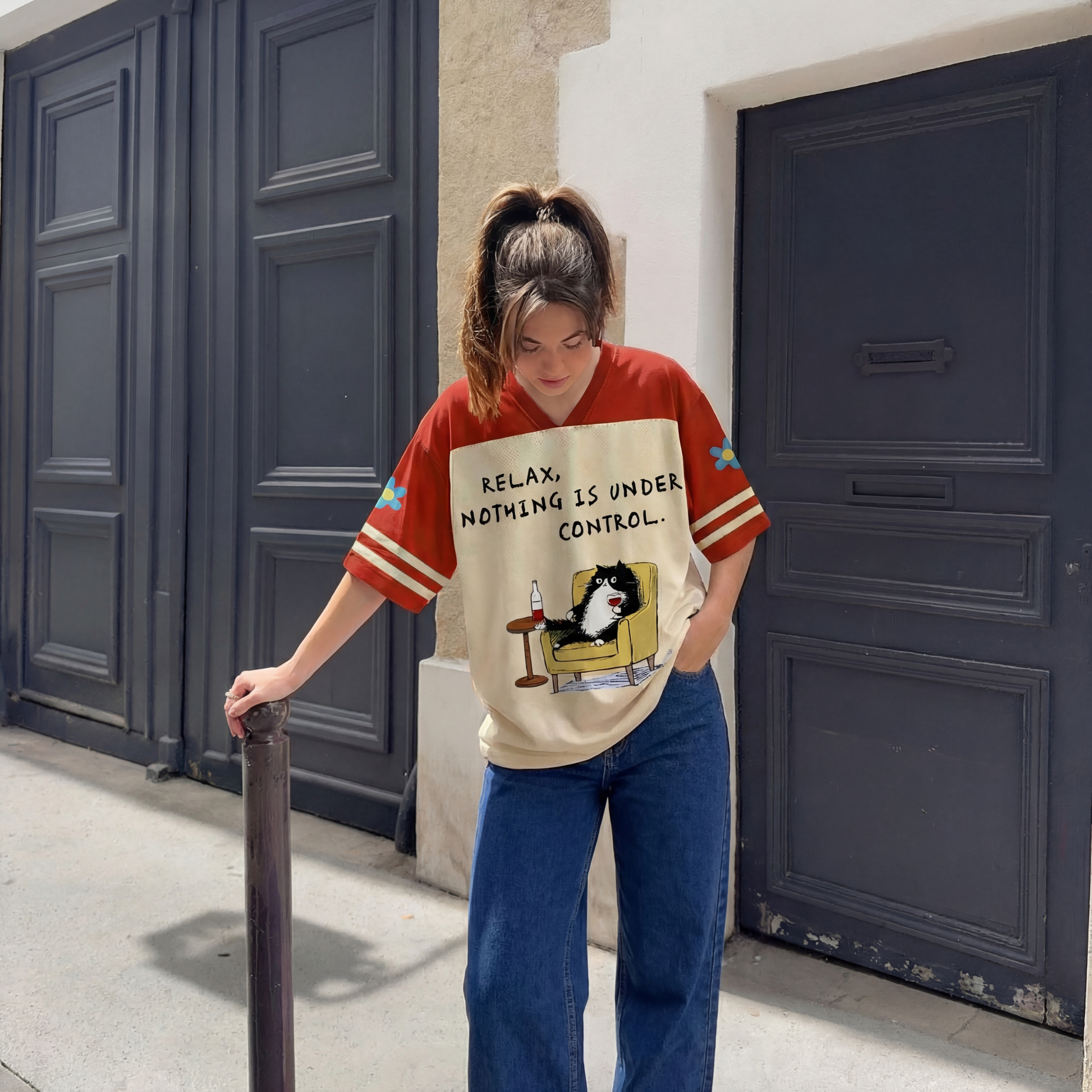 ChaoticClub Relax Nothing Is Under Control Mesh Jersey, vintage athletic oversized jersey on cream and rust red breathable mesh featuring a tuxedo cat lounging in a chair with a glass of wine and "Relax, nothing is under control" funny sarcastic text.