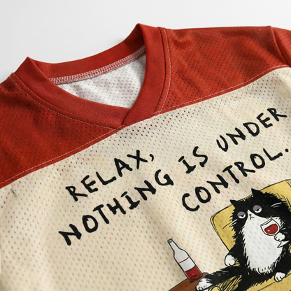 ChaoticClub Relax Nothing Is Under Control Mesh Jersey, vintage athletic oversized jersey on cream and rust red breathable mesh featuring a tuxedo cat lounging in a chair with a glass of wine and "Relax, nothing is under control" funny sarcastic text.