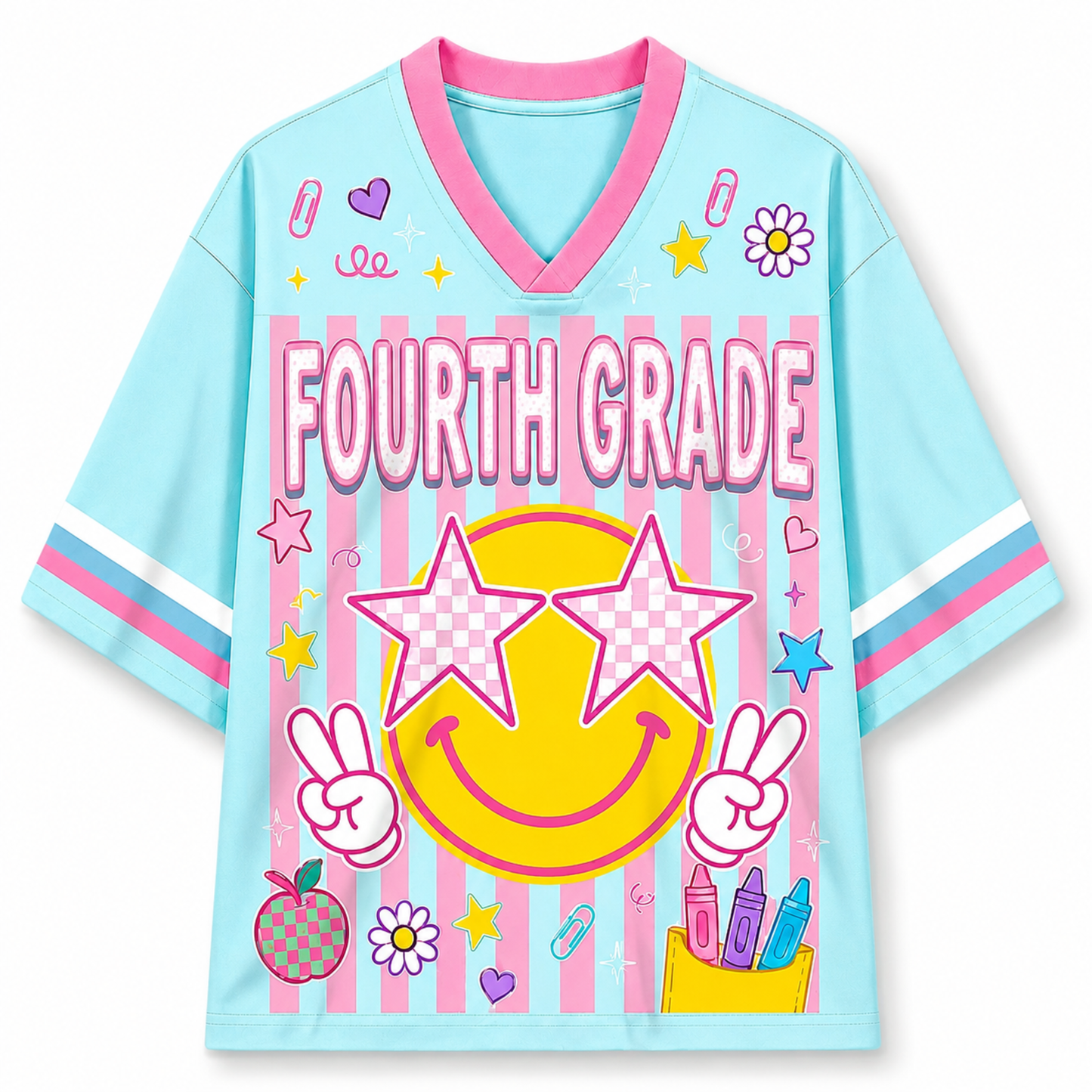 Children's t-shirt with 'Fourth Grade' design on a light blue background
