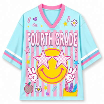 Children's t-shirt with 'Fourth Grade' design on a light blue background