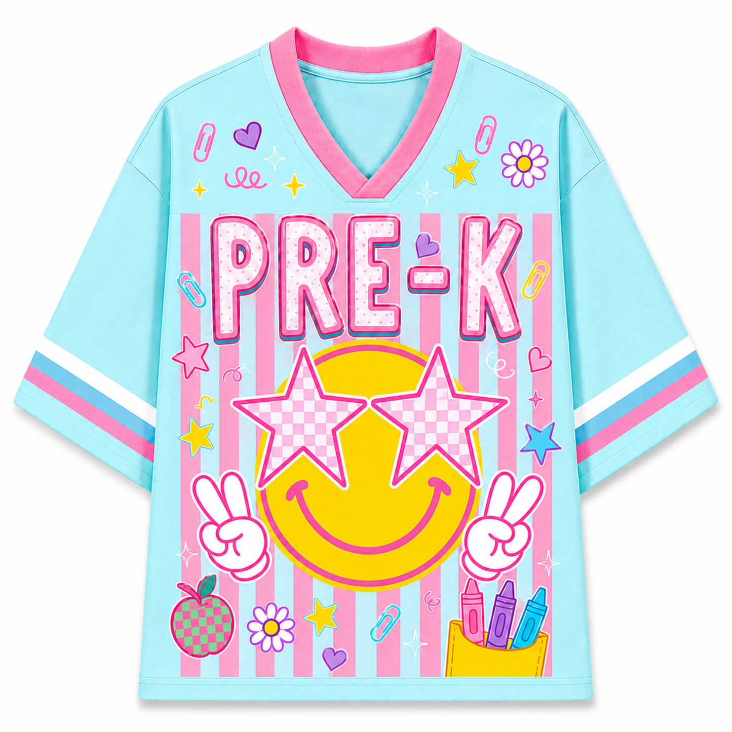 Light blue shirt with pink accents and 'PRE-K' text on a white background