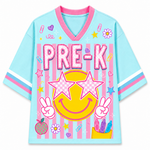 Light blue shirt with pink accents and 'PRE-K' text on a white background
