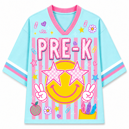 Light blue shirt with pink accents and 'PRE-K' text on a white background